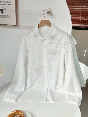 Frenchy Women Elegant White Floral Embroidery Blouse