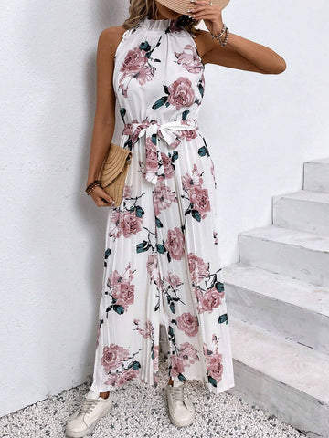 Women Fashionable Floral Printed Pleated Jumpsuit For Vacation