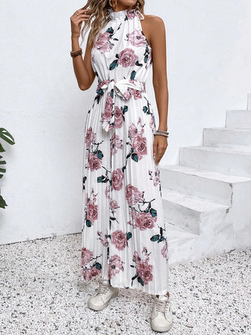 Women Fashionable Floral Printed Pleated Jumpsuit For Vacation