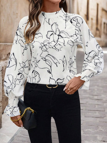 Frenchy Women Floral Print Casual Turtleneck Long Sleeve Shirt