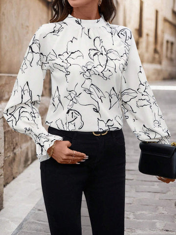 Frenchy Women Floral Print Casual Turtleneck Long Sleeve Shirt
