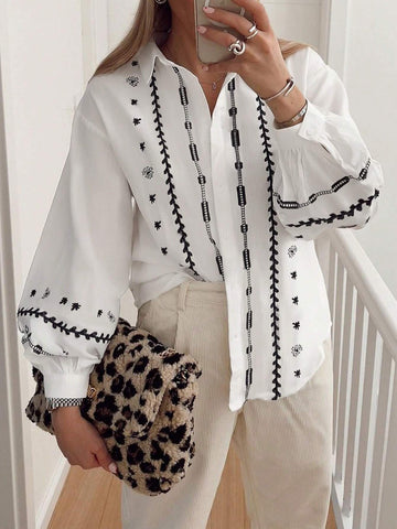 Frenchy Women Floral Print Open Front Puff Sleeve Casual Loose Long Sleeve Blouse, Autumn