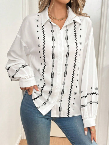 Frenchy Women Floral Print Open Front Puff Sleeve Casual Loose Long Sleeve Blouse, Autumn