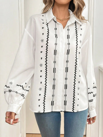 Frenchy Women Floral Print Open Front Puff Sleeve Casual Loose Long Sleeve Blouse, Autumn