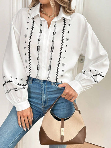 Frenchy Women Floral Print Open Front Puff Sleeve Casual Loose Long Sleeve Blouse, Autumn