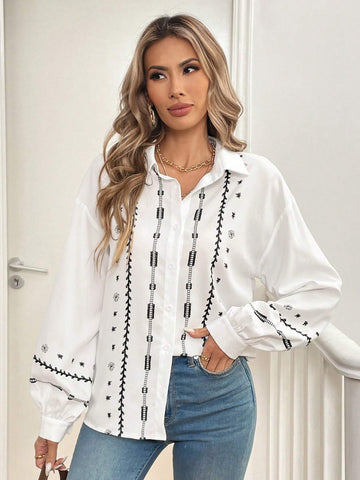 Frenchy Women Floral Print Open Front Puff Sleeve Casual Loose Long Sleeve Blouse, Autumn