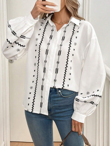 Frenchy Women Floral Print Open Front Puff Sleeve Casual Loose Long Sleeve Blouse, Autumn