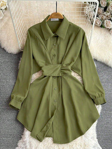 Women French Casual Loose Waist Asymmetrical Hem Midi Dress