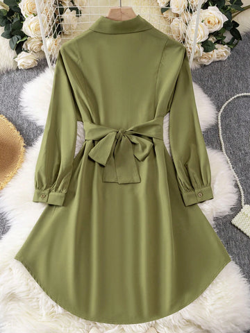 Women French Casual Loose Waist Asymmetrical Hem Midi Dress