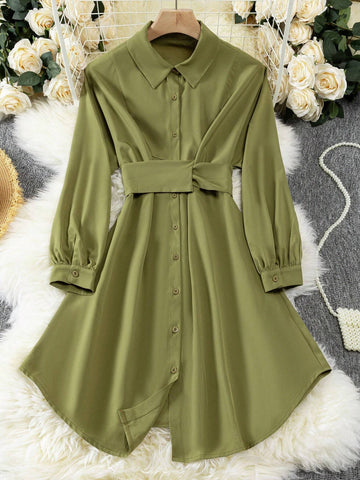 Women French Casual Loose Waist Asymmetrical Hem Midi Dress