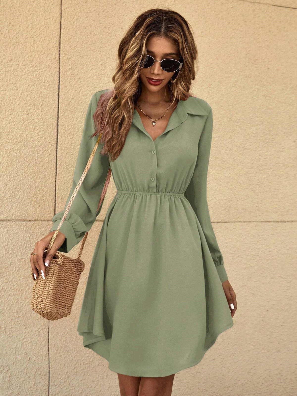 Women Front Button Long Sleeve Solid Color Simple Short Casual Dress