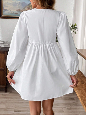 Women Holiday Casual Solid Color Lantern Sleeve Tie Short Dress