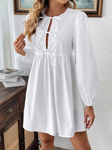 Women Holiday Casual Solid Color Lantern Sleeve Tie Short Dress