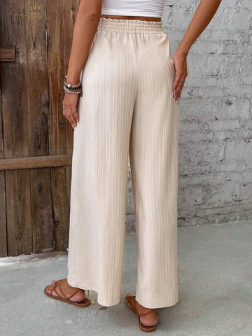 Frenchy Women Holiday Solid Color Elastic Waist Wide Leg Pants With Flounce Trim And Tie Belt