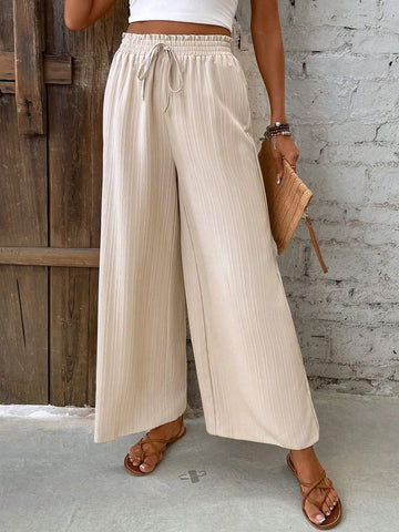Frenchy Women Holiday Solid Color Elastic Waist Wide Leg Pants With Flounce Trim And Tie Belt