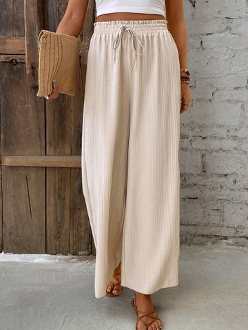 Frenchy Women Holiday Solid Color Elastic Waist Wide Leg Pants With Flounce Trim And Tie Belt