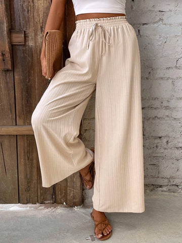 Frenchy Women Holiday Solid Color Elastic Waist Wide Leg Pants With Flounce Trim And Tie Belt