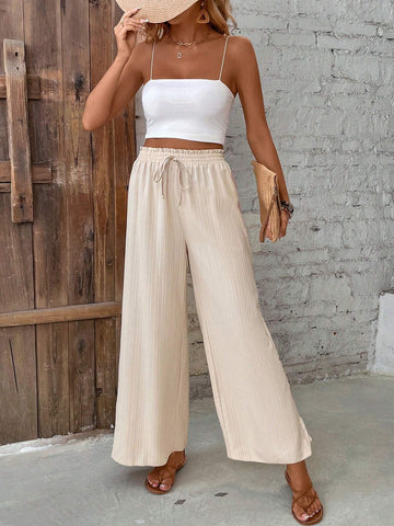 Frenchy Women Holiday Solid Color Elastic Waist Wide Leg Pants With Flounce Trim And Tie Belt