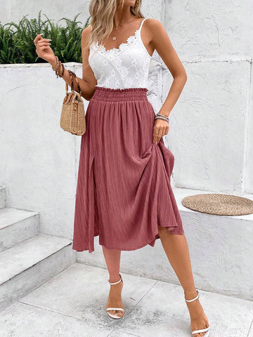 Women Lace Textured Fabric Resort High Slit Summer Clothes 2-Piece Set