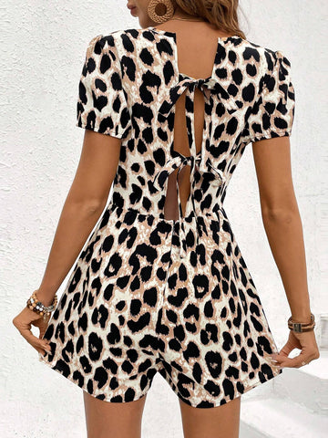 Women Leopard Cheetah Bow Tie Jumpsuits