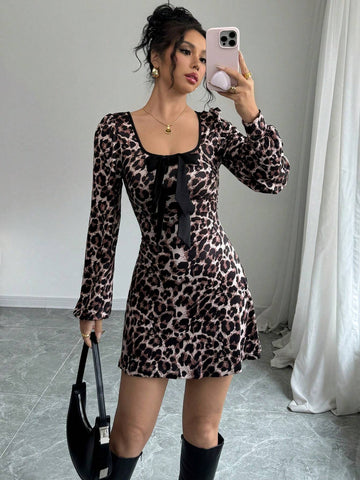 Women Leopard Print Bow Decor Mini Dress,Waist A-Hem,Contrast Color Edge, Casual Daily