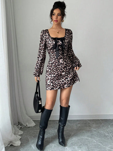 Women Leopard Print Bow Decor Mini Dress,Waist A-Hem,Contrast Color Edge, Casual Daily