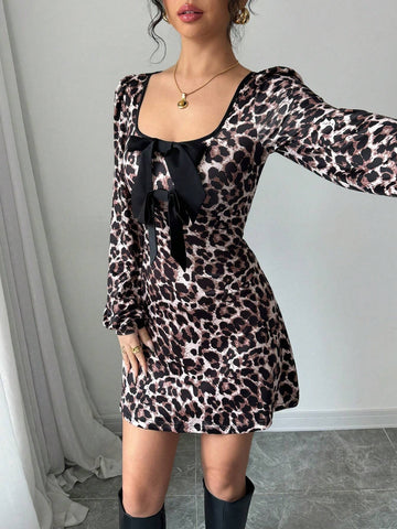 Women Leopard Print Bow Decor Mini Dress,Waist A-Hem,Contrast Color Edge, Casual Daily