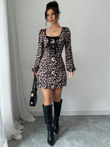 Women Leopard Print Bow Decor Mini Dress,Waist A-Hem,Contrast Color Edge, Casual Daily