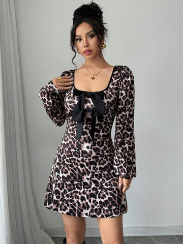 Women Leopard Print Bow Decor Mini Dress,Waist A-Hem,Contrast Color Edge, Casual Daily