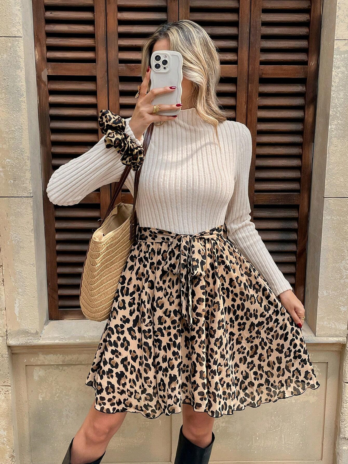 Women Leopard Print Collar Rib-Knit Belted Elegant Long Sleeve Mini Dress