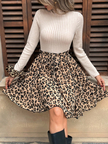 Women Leopard Print Collar Rib-Knit Belted Elegant Long Sleeve Mini Dress