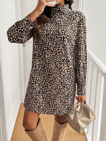 Women Leopard Print Collared Long Sleeve Mini Dress, Spring Summer