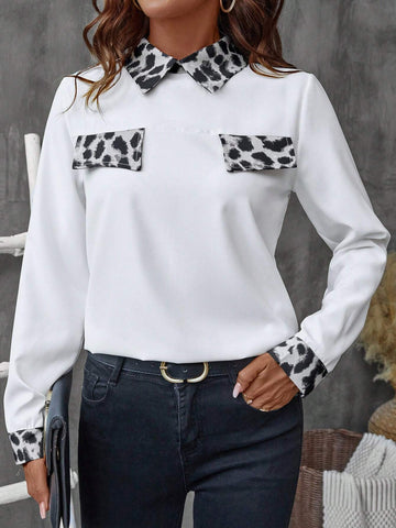 Frenchy Women Leopard Print Panel Long Sleeve Elegant Blouse