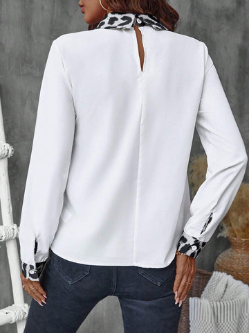 Frenchy Women Leopard Print Panel Long Sleeve Elegant Blouse