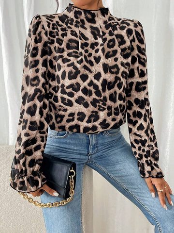 Frenchy Women Leopard Print Stand Collar Long Sleeve Casual Shirt