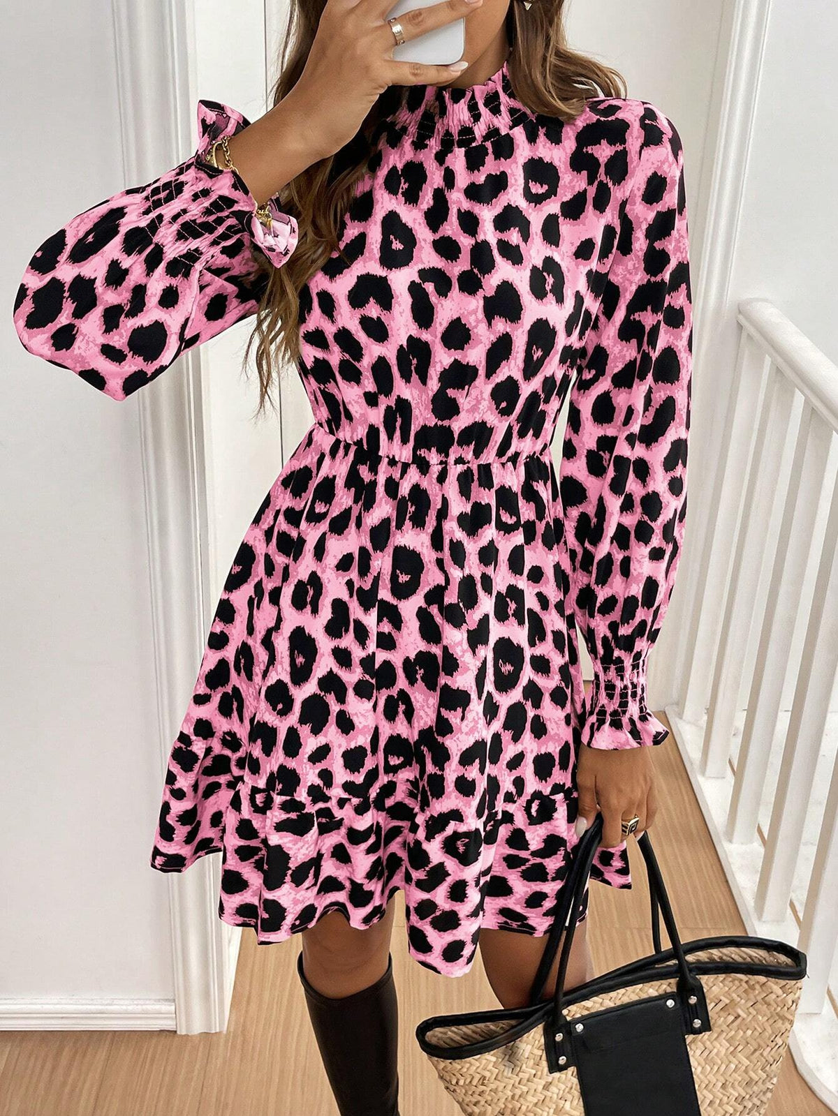 Women Leopard Print Standup Collar Long Sleeve Casual Mini Dress, Autumn