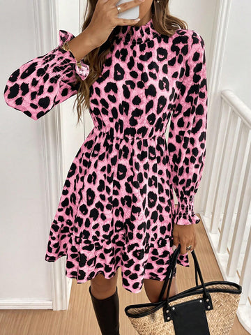 Women Leopard Print Standup Collar Long Sleeve Casual Mini Dress, Autumn