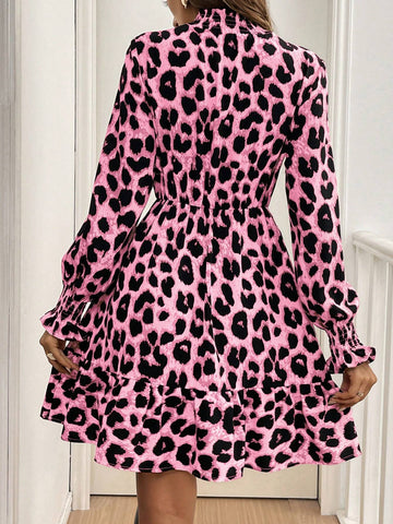 Women Leopard Print Standup Collar Long Sleeve Casual Mini Dress, Autumn