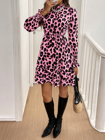 Women Leopard Print Standup Collar Long Sleeve Casual Mini Dress, Autumn
