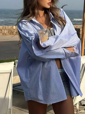 Frenchy Women Loose Fit Thin Long Sleeve Striped Shirt Jacket, Casual Commuter Graduation Apparel