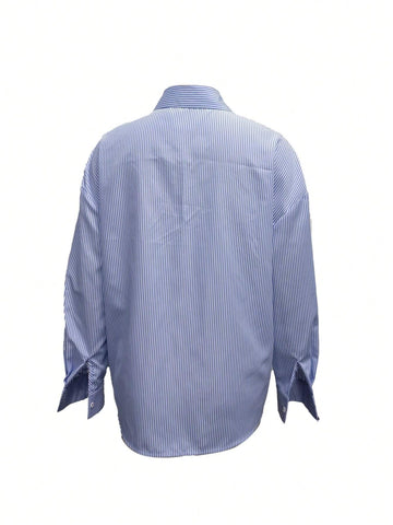 Frenchy Women Loose Fit Thin Long Sleeve Striped Shirt Jacket, Casual Commuter Graduation Apparel