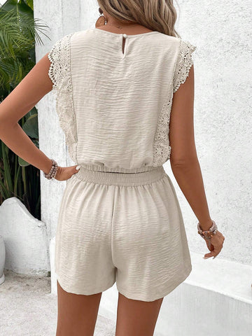 Women Old Money Style Elegant Summer Apricot Color Outfits For Sleeveless Lace Crop Top And Waist Tie Casual Shortness Pants Set
