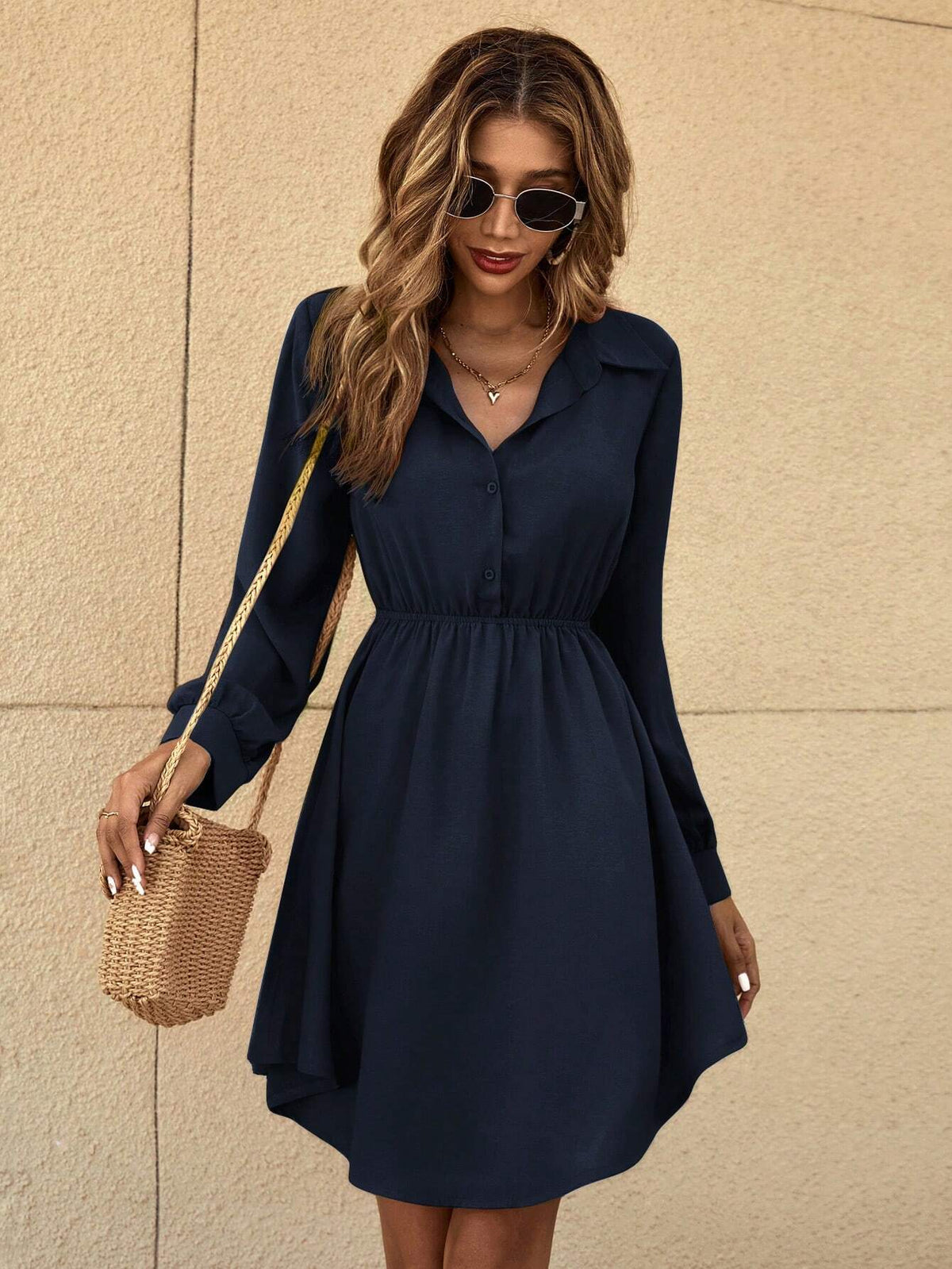 Women Plain Color Front Button Long Sleeve Ruched Minimalist Short Dress