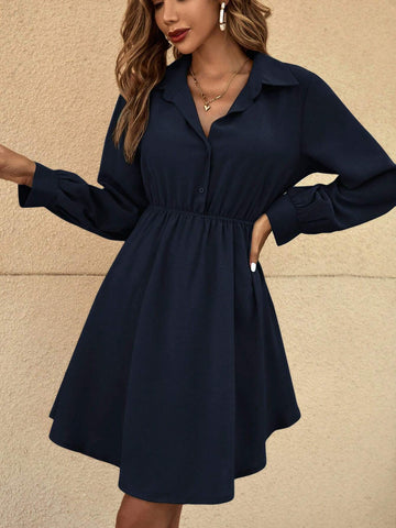 Women Plain Color Front Button Long Sleeve Ruched Minimalist Short Dress