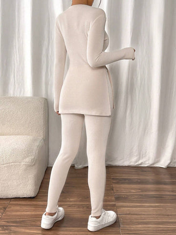 Women Plain Color Round Neck Long Sleeve Top And Pants Casual 2 Piece Set