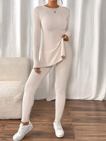 Women Plain Color Round Neck Long Sleeve Top And Pants Casual 2 Piece Set