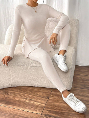 Women Plain Color Round Neck Long Sleeve Top And Pants Casual 2 Piece Set