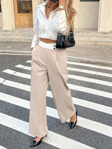 Frenchy Women Plain Color Splice Button Pocket Minimalist Design Long Pants, Casual Everyday Wear