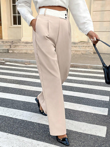 Frenchy Women Plain Color Splice Button Pocket Minimalist Design Long Pants, Casual Everyday Wear