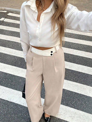 Frenchy Women Plain Color Splice Button Pocket Minimalist Design Long Pants, Casual Everyday Wear